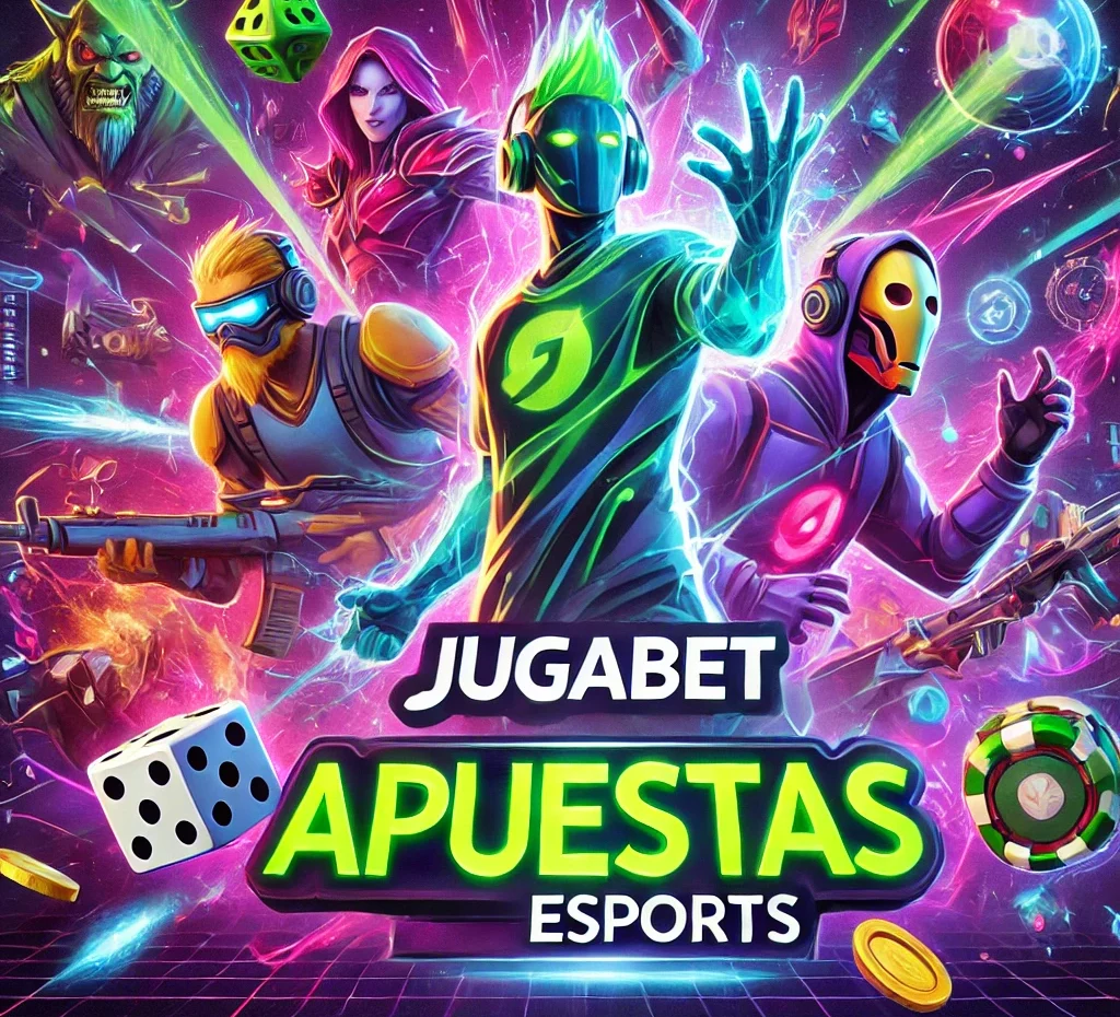 Gráfico neon representando la diversidad de juegos en Jugabet, incluyendo slots y eSports