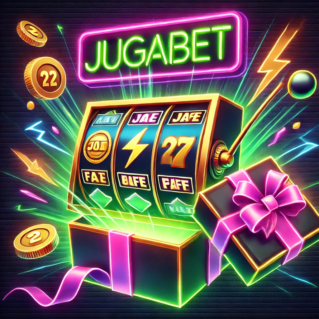 Máquina tragamonedas temática de JugaBet con símbolos vibrantes como rayos y monedas de oro girando.