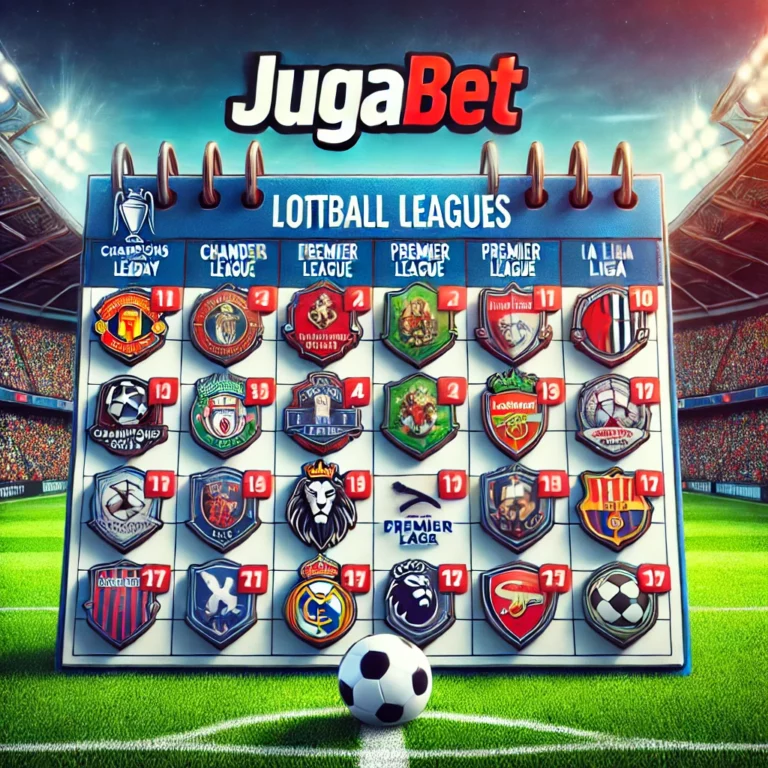 Calendario de ligas de fútbol para apuestas en vivo con el logo de JugaBet, destacando torneos como Champions League, Premier League y La Liga.