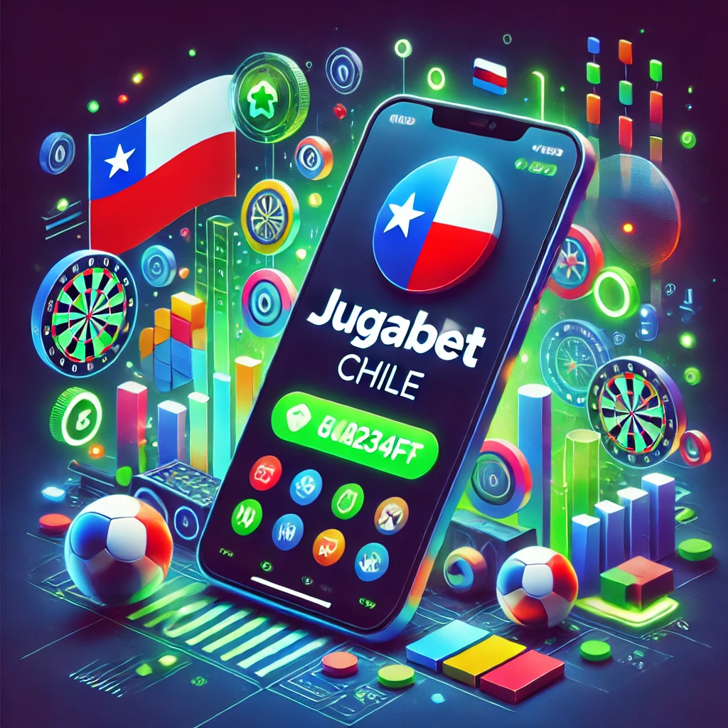 Digital de la aplicación JugaBet Chile, mostrando un diseño moderno con el logo de JugaBet en colores azul oscuro y verde, acompañado de elementos temáticos como la bandera de Chile, íconos de apuestas deportivas y gráficos vibrantes.